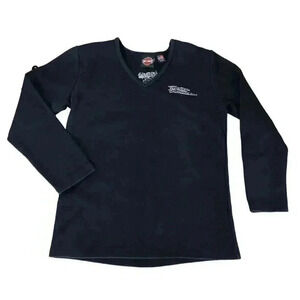 Harley Davidson Size L Womens Long Sleeve Pullover TShirt Black V Neck Wisconsin